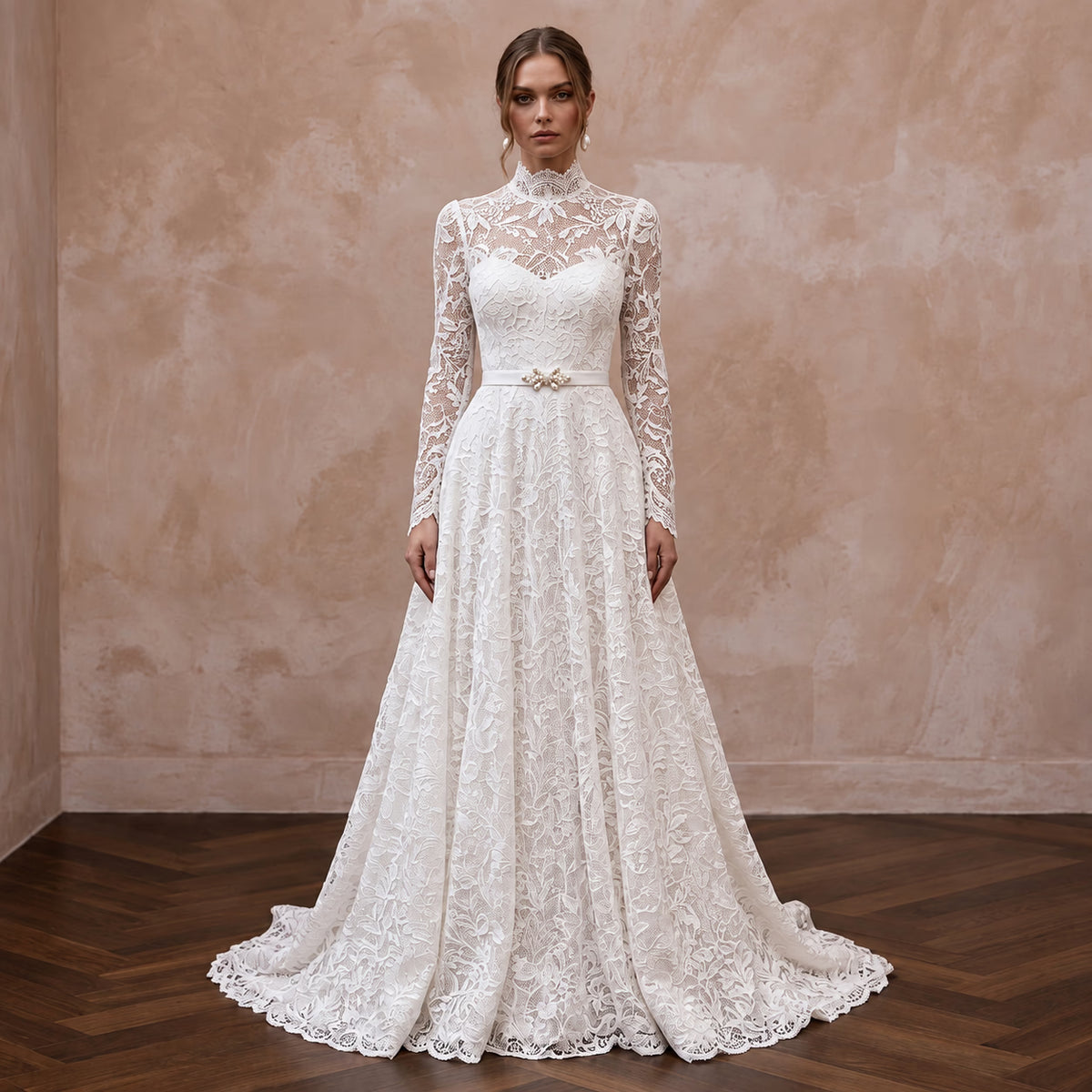 Modest Pure White Lace Overlay High Neck A-Line Gown