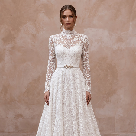 Modest Pure White Lace Overlay High Neck A-Line Gown