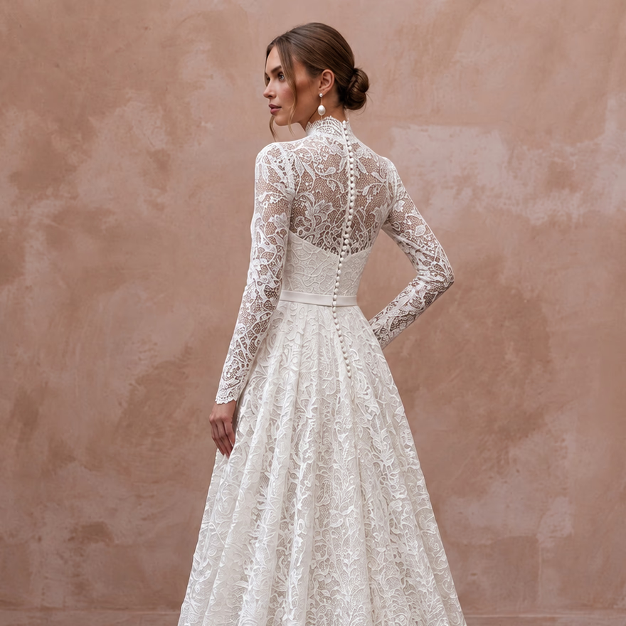 Modest Pure White Lace Overlay High Neck A-Line Gown