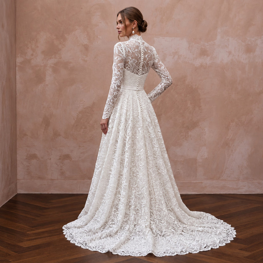 Modest Pure White Lace Overlay High Neck A-Line Gown