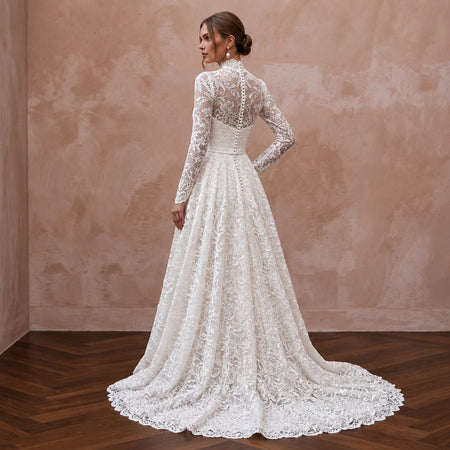 Modest Pure White Lace Overlay High Neck A-Line Gown