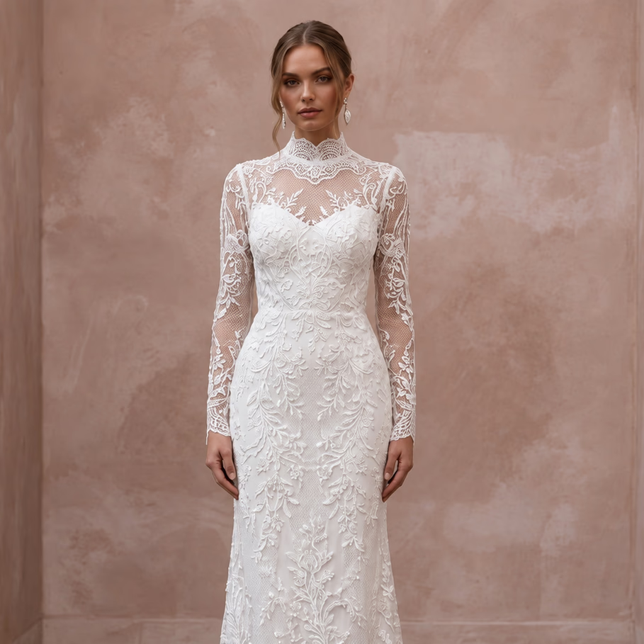 Modest Pure White Lace Overlay High Neck Column Bridal Gown