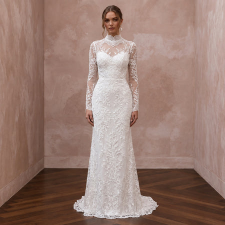 Modest Pure White Lace Overlay High Neck Column Bridal Gown