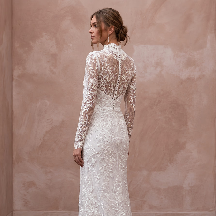 Modest Pure White Lace Overlay High Neck Column Bridal Gown
