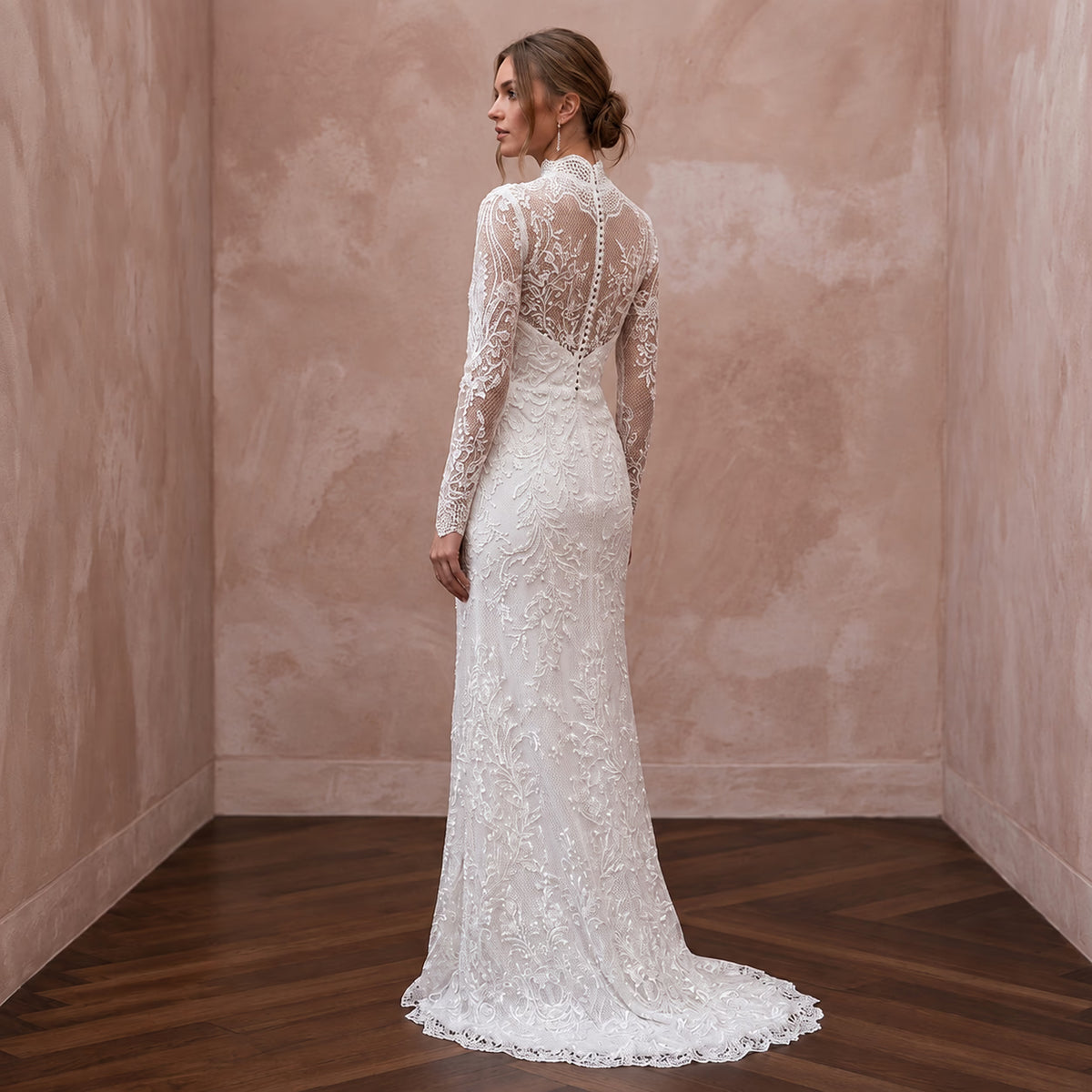 Modest Pure White Lace Overlay High Neck Column Bridal Gown