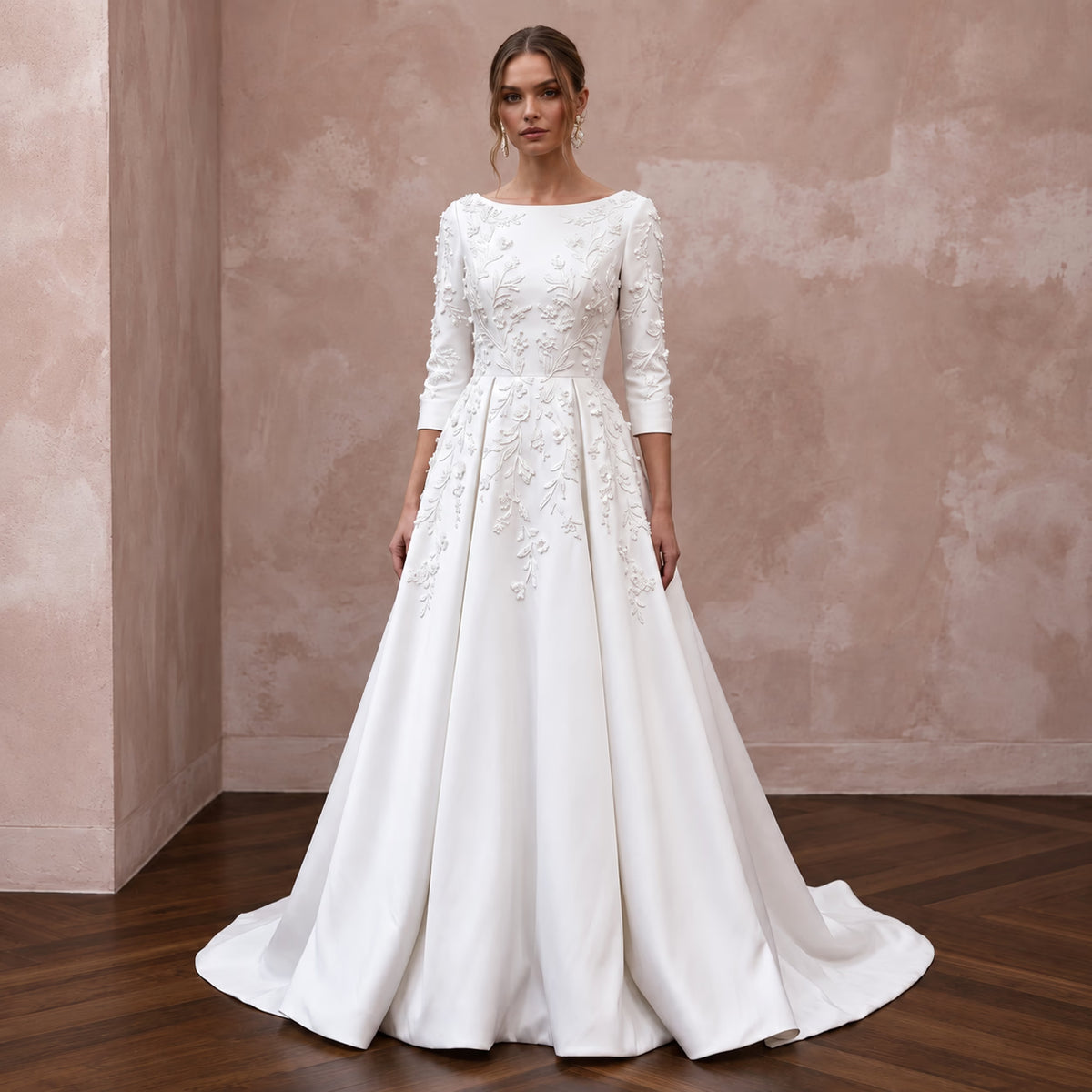 Modest Pure White Mikado Silk Bateau Neckline A-Line Dress