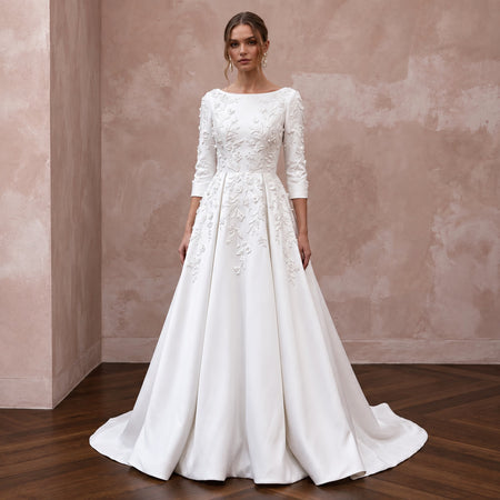 Modest Pure White Mikado Silk Bateau Neckline A-Line Dress