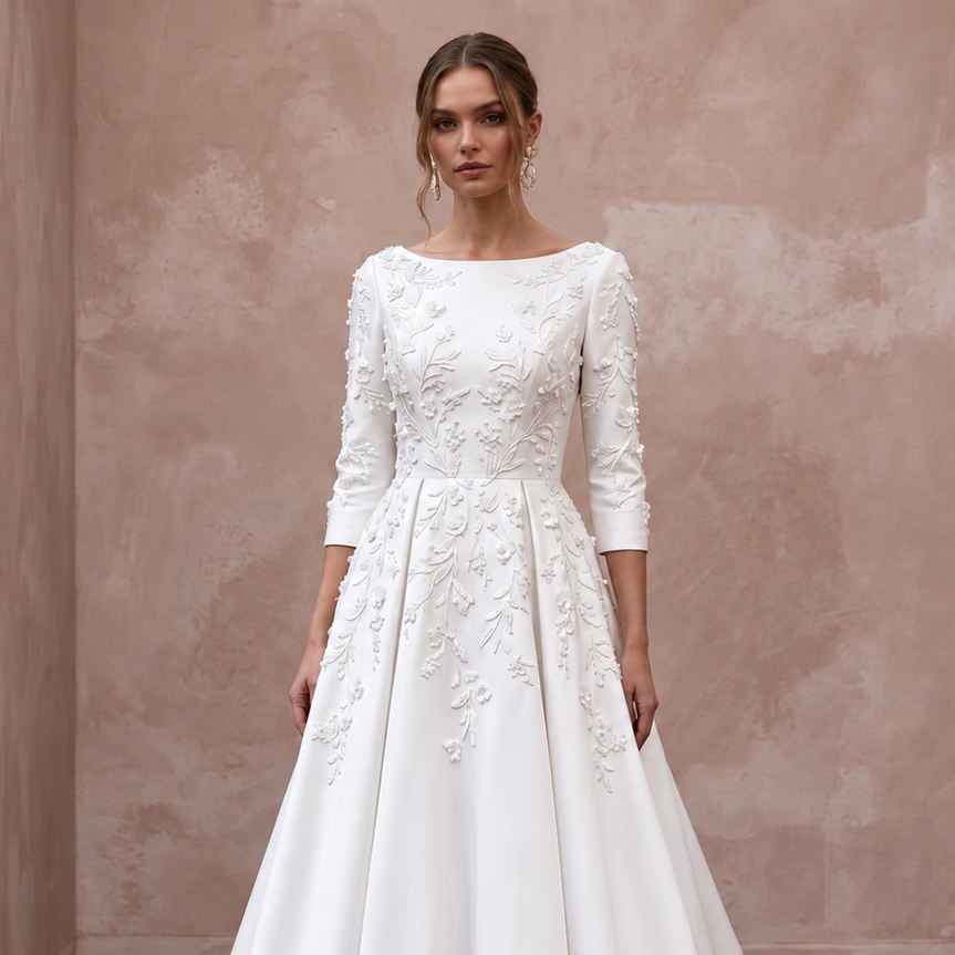 Modest Pure White Mikado Silk Bateau Neckline A-Line Dress