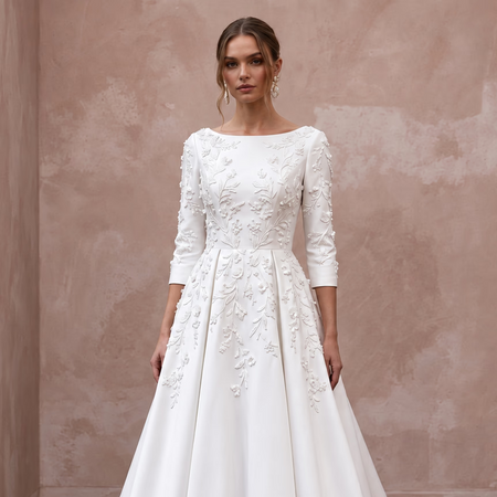 Modest Pure White Mikado Silk Bateau Neckline A-Line Dress