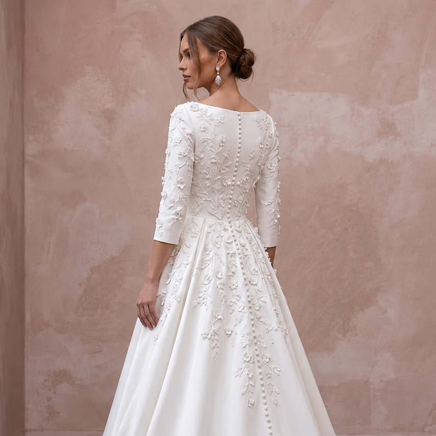 Modest Pure White Mikado Silk Bateau Neckline A-Line Dress