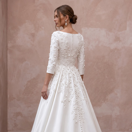Modest Pure White Mikado Silk Bateau Neckline A-Line Dress