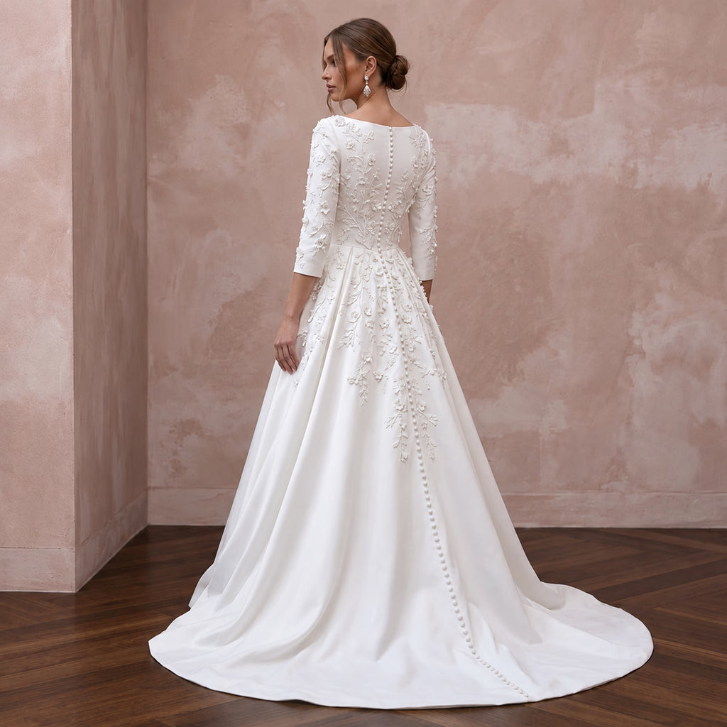 Modest Pure White Mikado Silk Bateau Neckline A-Line Dress