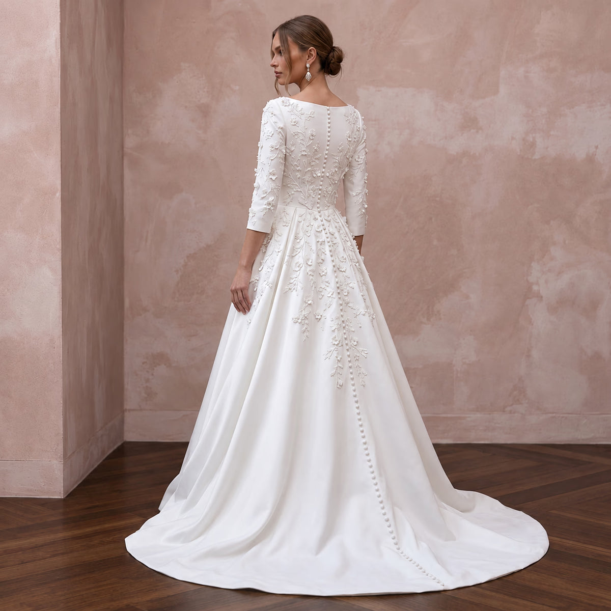 Modest Pure White Mikado Silk Bateau Neckline A-Line Dress