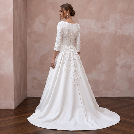 Modest Pure White Mikado Silk Bateau Neckline A-Line Dress