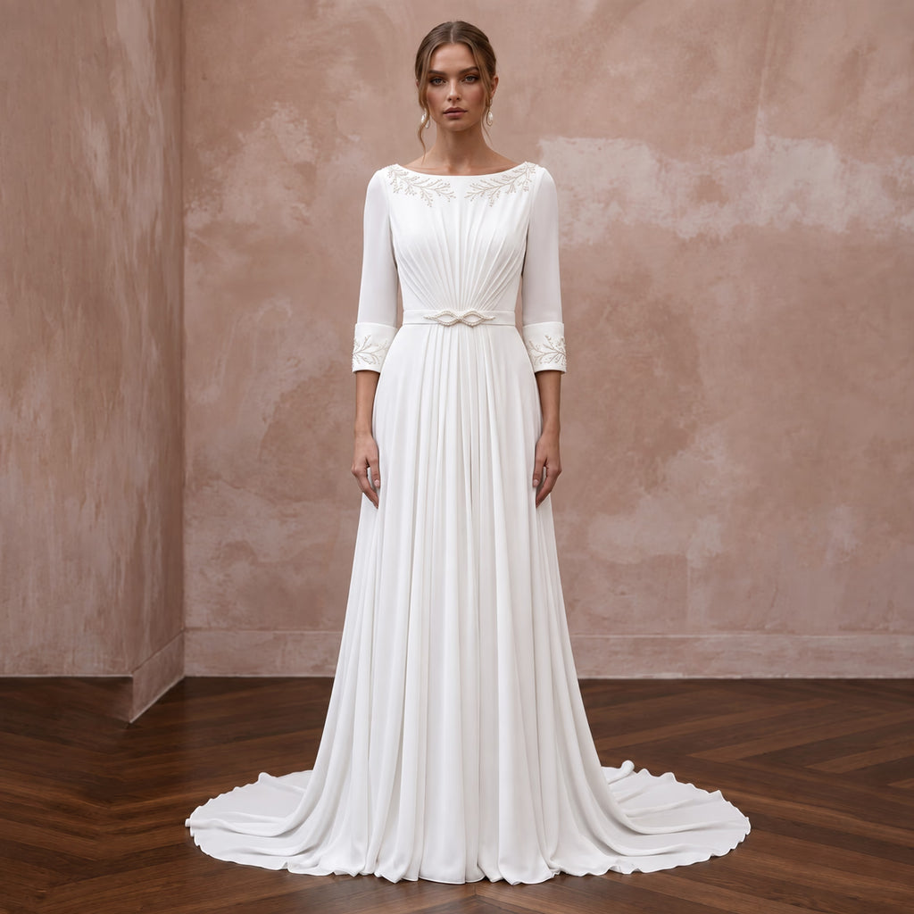 Modest Pure White Silk Georgette Bateau Neck Pleated Ceremony Gown - Apparel & Accessories > Clothing > Wedding & Bridal Party Dresses > Wedding Dresses - Mignonette Bridal