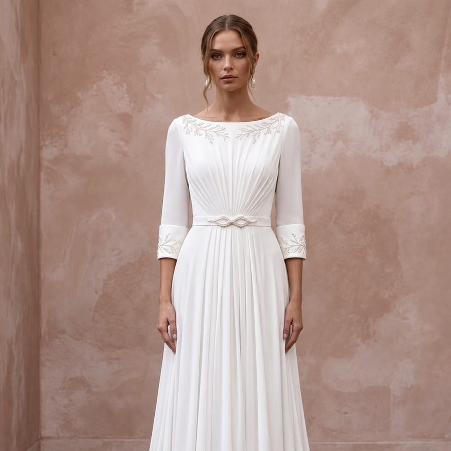 Modest Pure White Silk Georgette Bateau Neck Pleated Ceremony Gown - Apparel & Accessories > Clothing > Wedding & Bridal Party Dresses > Wedding Dresses - Mignonette Bridal