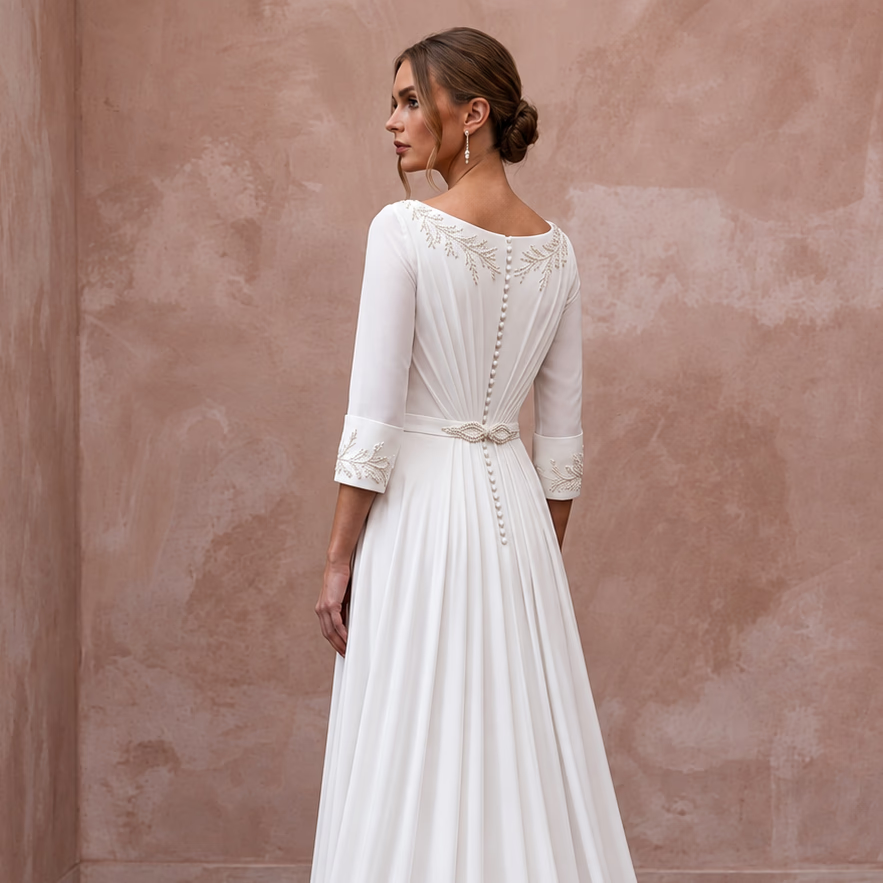 Modest Pure White Silk Georgette Bateau Neck Pleated Ceremony Gown - Apparel & Accessories > Clothing > Wedding & Bridal Party Dresses > Wedding Dresses - Mignonette Bridal