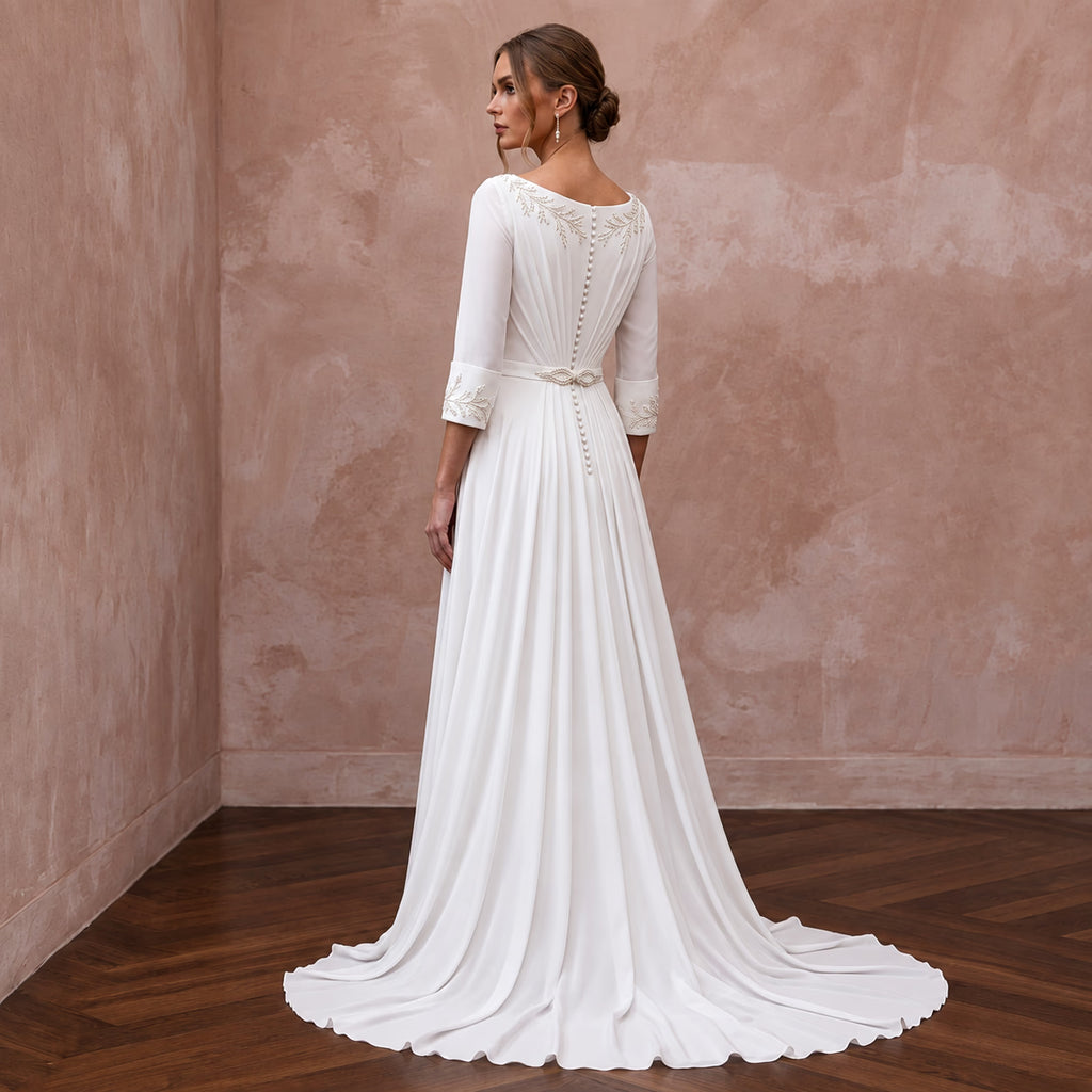 Modest Pure White Silk Georgette Bateau Neck Pleated Ceremony Gown - Apparel & Accessories > Clothing > Wedding & Bridal Party Dresses > Wedding Dresses - Mignonette Bridal