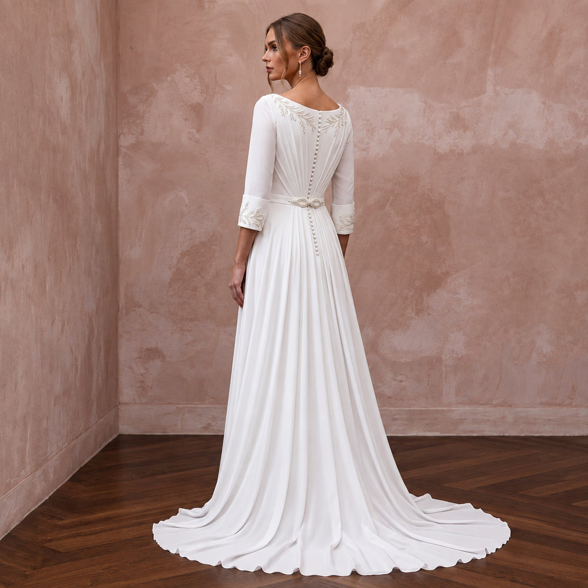 Modest Pure White Silk Georgette Bateau Neck Pleated Ceremony Gown - Apparel & Accessories > Clothing > Wedding & Bridal Party Dresses > Wedding Dresses - Mignonette Bridal