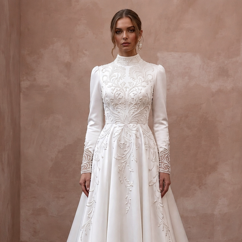 Modest Satin A-Line Wedding Dress with High Neck