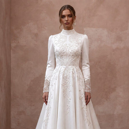 Modest Satin A-Line Wedding Dress with High Neck