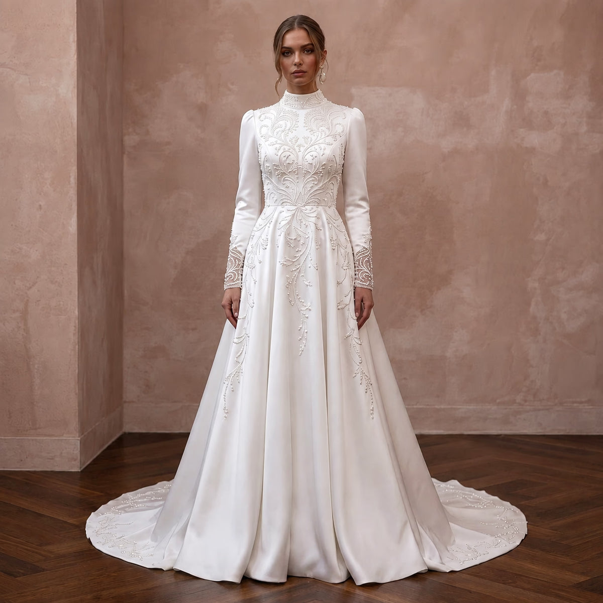 Modest Satin A - Line Wedding Dress with High Neck - Apparel & Accessories > Clothing > Wedding & Bridal Party Dresses > Wedding Dresses - Mignonette Bridal Main image