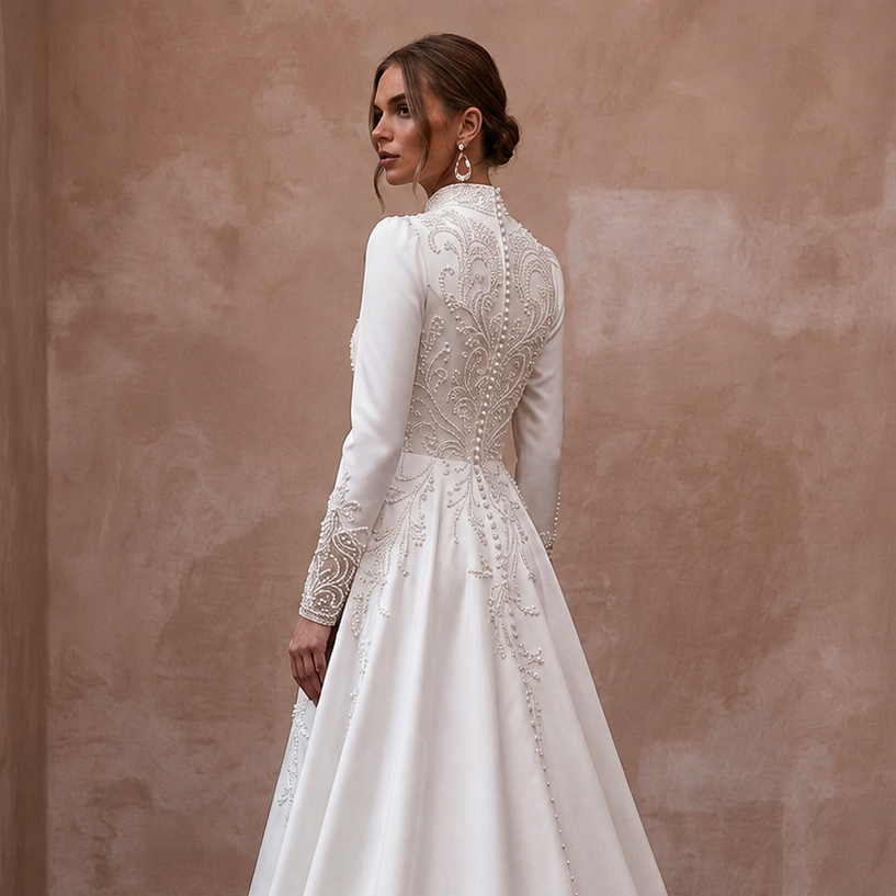 Modest Satin A-Line Wedding Dress with High Neck