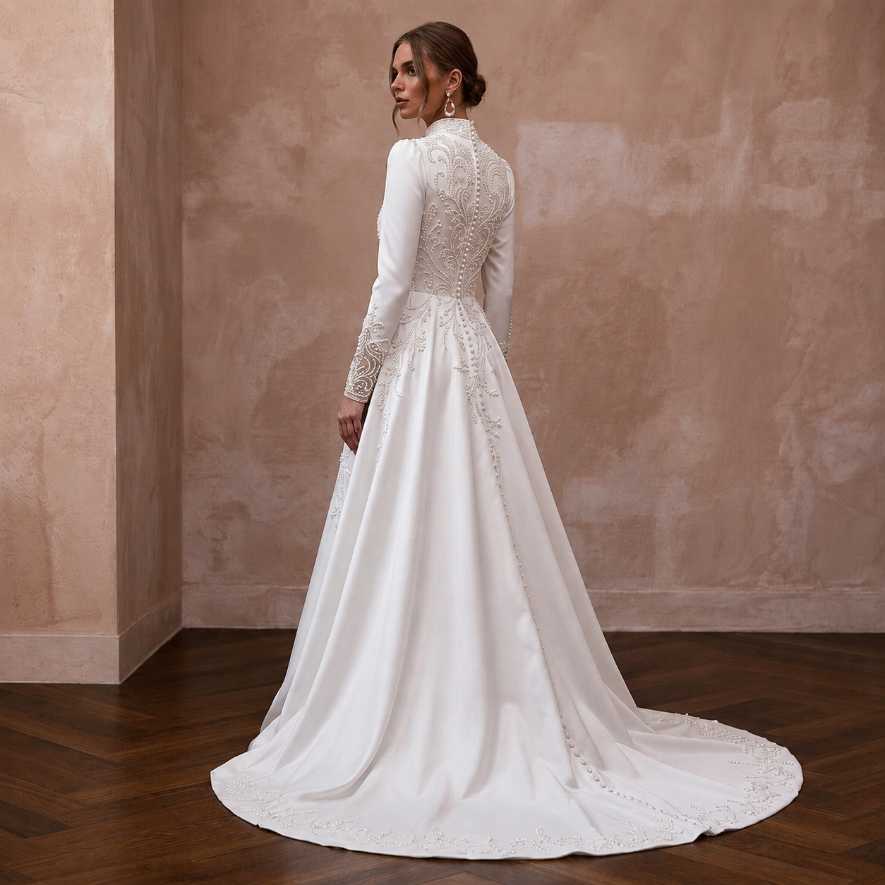 Modest Satin A-Line Wedding Dress with High Neck