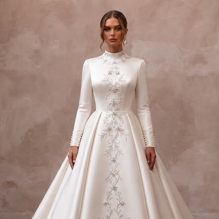 Modest Satin Bridal Gown for a Cathedral Wedding