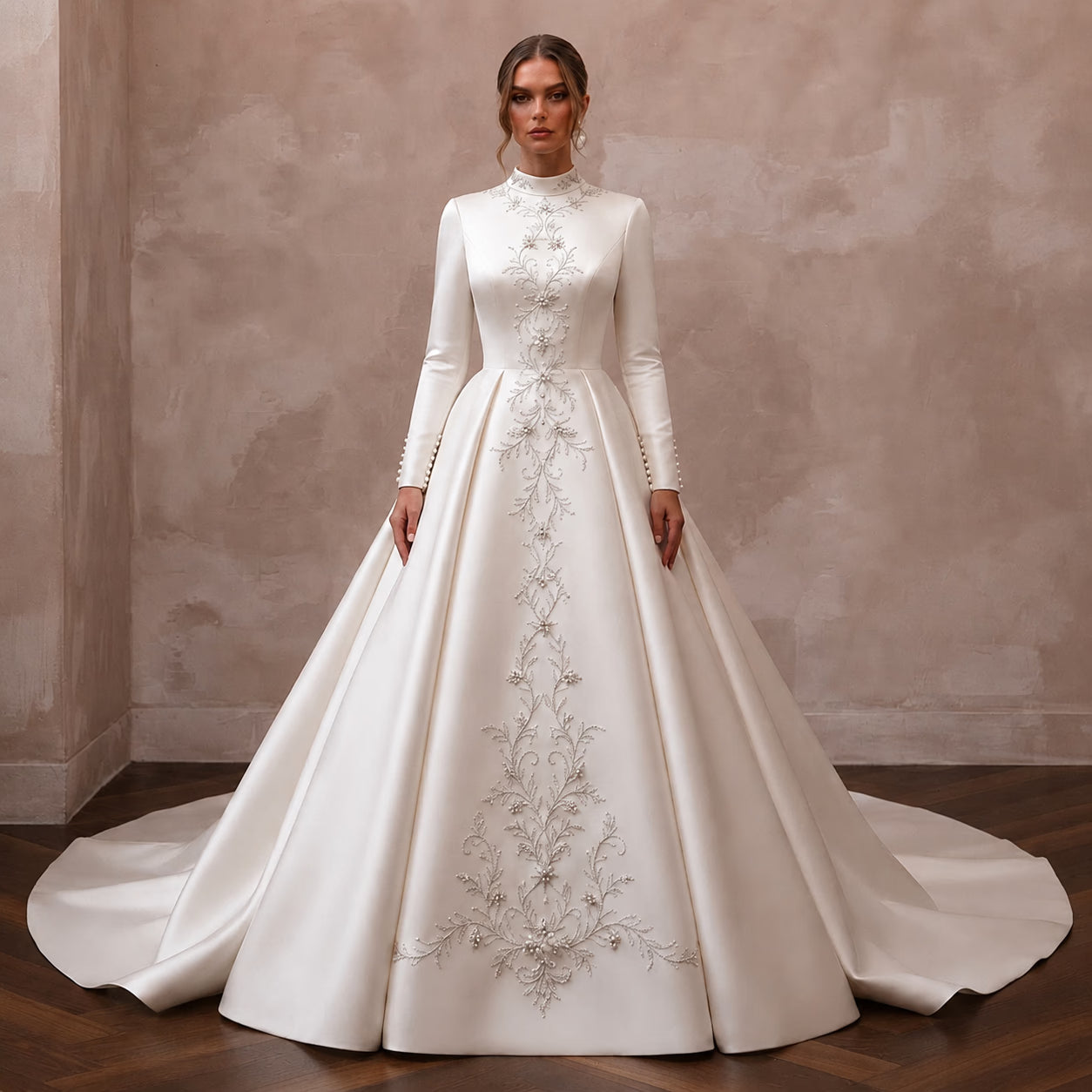 Modest Satin Bridal Gown for a Cathedral Wedding