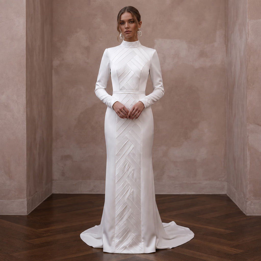 Modest Satin Column Wedding Dress with High Neck - Apparel & Accessories > Clothing > Wedding & Bridal Party Dresses > Wedding Dresses - Mignonette Bridal