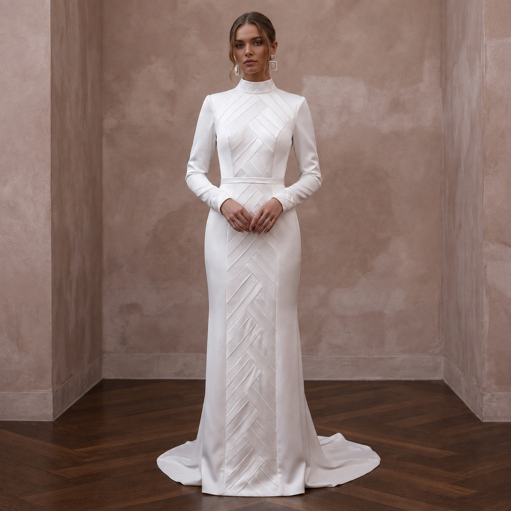 Modest Satin Column Wedding Dress with High Neck - Apparel & Accessories > Clothing > Wedding & Bridal Party Dresses > Wedding Dresses - Mignonette Bridal