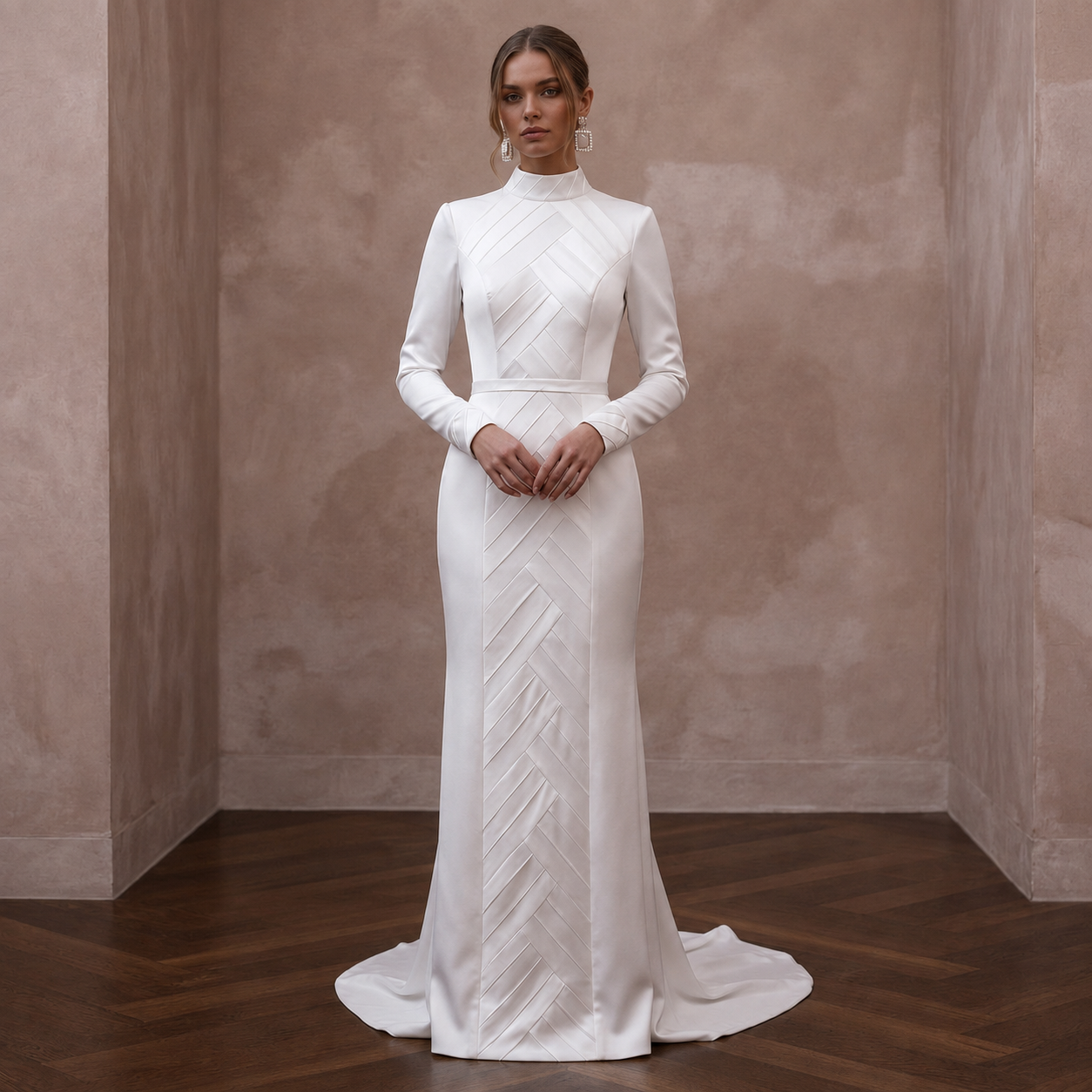 Modest Satin Column Wedding Dress with High Neck - Apparel & Accessories > Clothing > Wedding & Bridal Party Dresses > Wedding Dresses - Mignonette Bridal