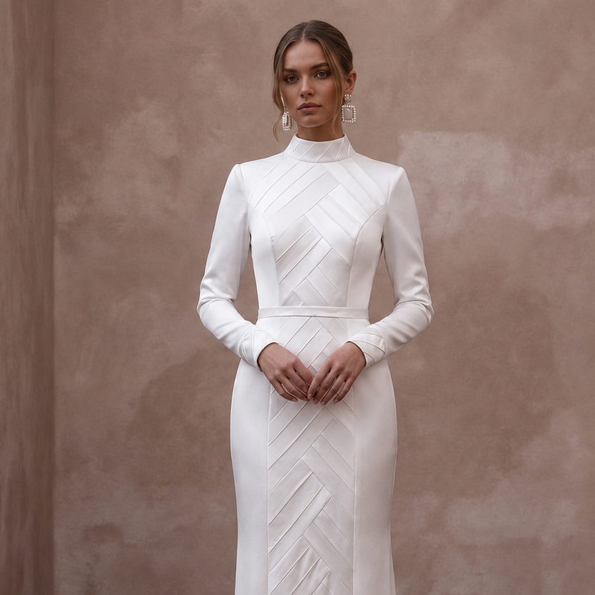 Modest Satin Column Wedding Dress with High Neck - Apparel & Accessories > Clothing > Wedding & Bridal Party Dresses > Wedding Dresses - Mignonette Bridal