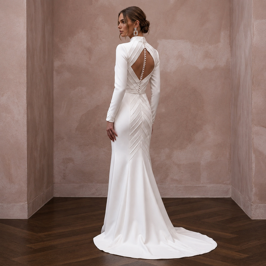 Modest Satin Column Wedding Dress with High Neck - Apparel & Accessories > Clothing > Wedding & Bridal Party Dresses > Wedding Dresses - Mignonette Bridal