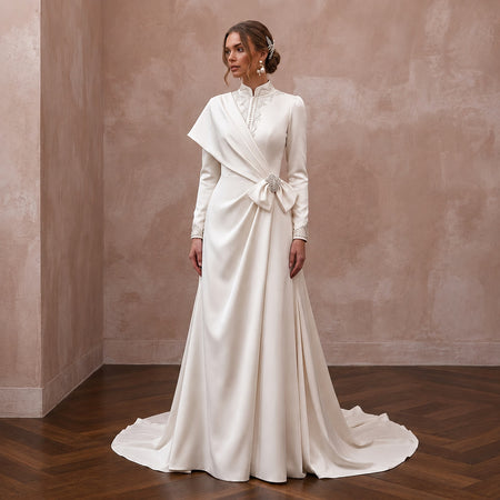 Modest Satin Wedding Dress with High Neck and Long Sleeves