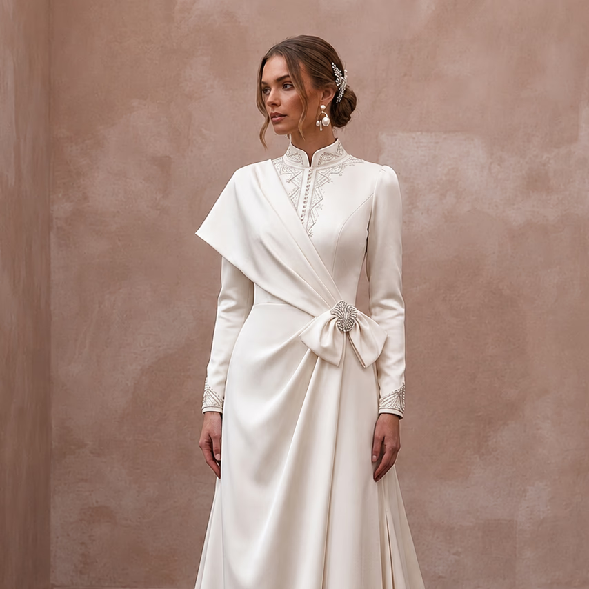 Modest Satin Wedding Dress with High Neck and Long Sleeves