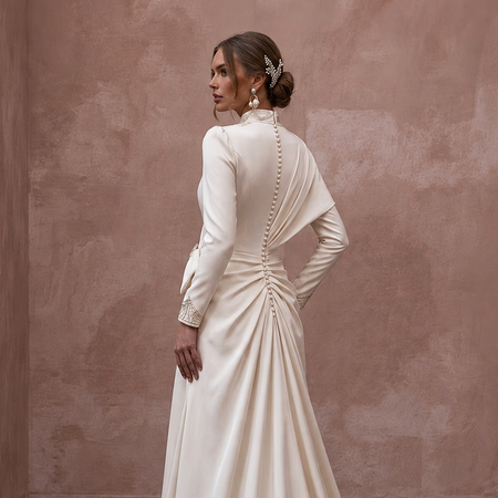 Modest Satin Wedding Dress with High Neck and Long Sleeves