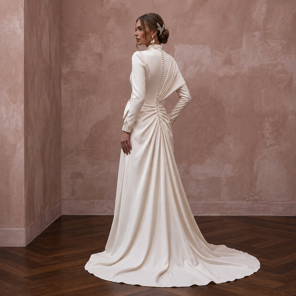 Modest Satin Wedding Dress with High Neck and Long Sleeves Secondary image
