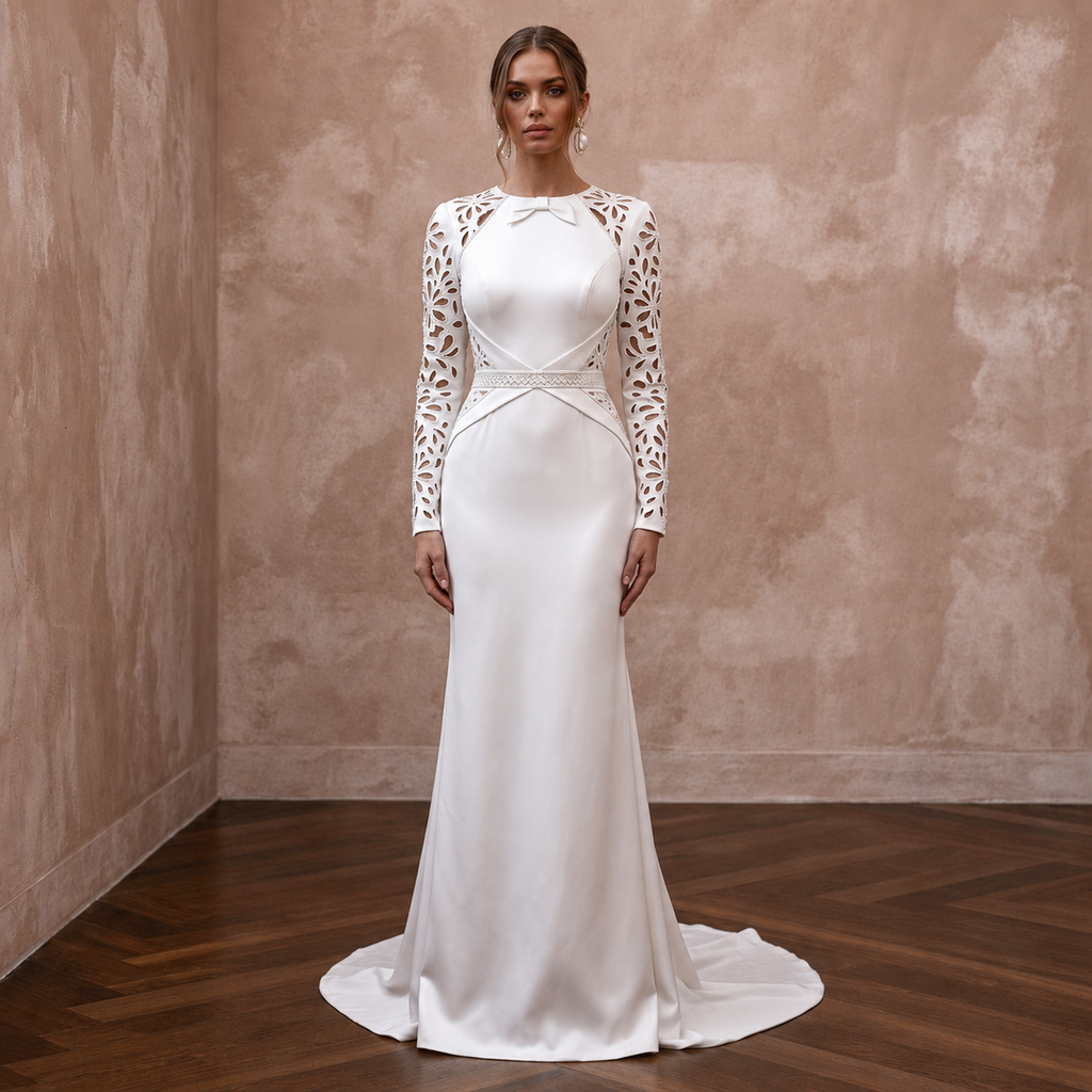 White satin sheath wedding dress with long sleeves and lace cutout bodice