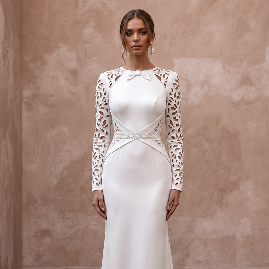 White sheath wedding dress with long sleeves, lace sleeves, and scalloped neckline