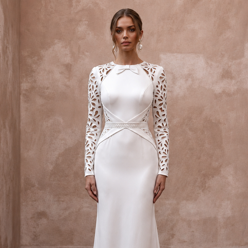 White sheath wedding dress with long sleeves, lace sleeves, and scalloped neckline