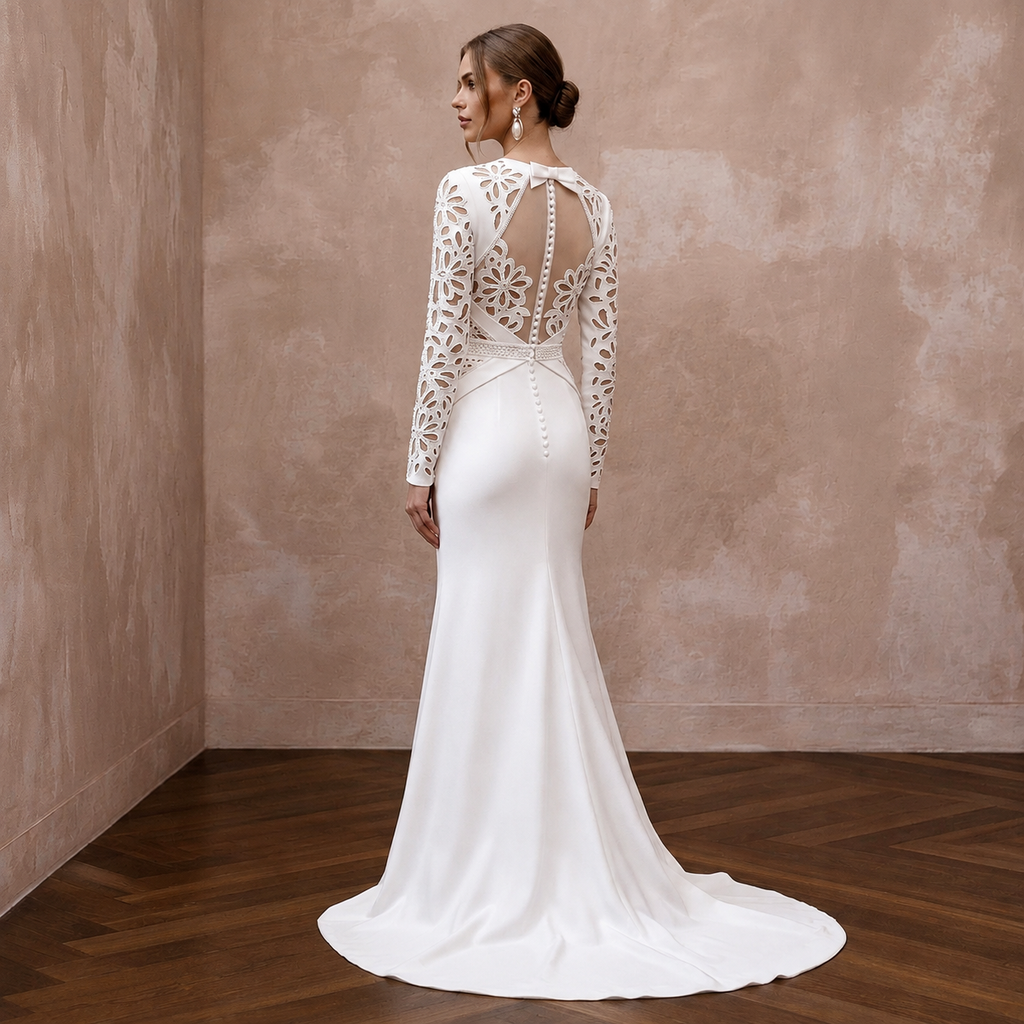 White satin sheath wedding dress back with long lace sleeves and open lattice detail