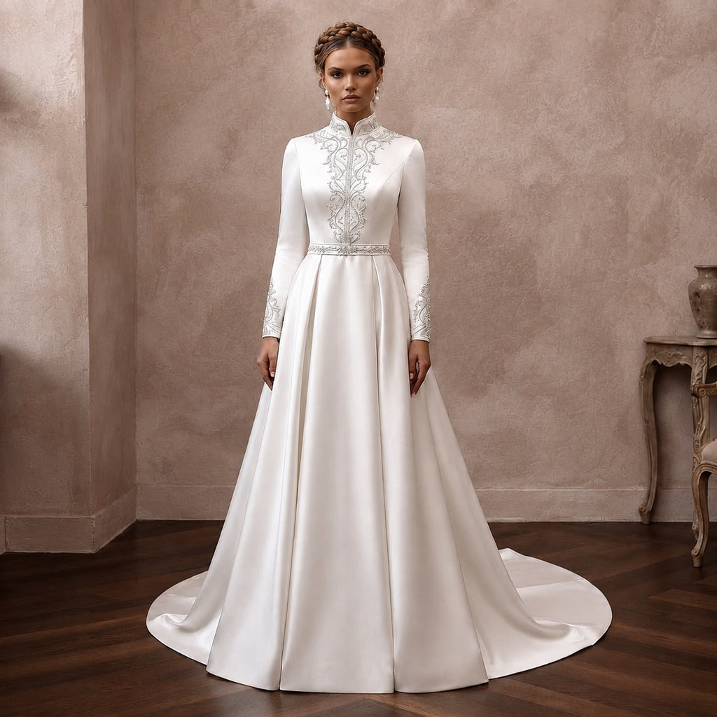 Modest Satin Wedding Gown with High Neck and Long Sleeves