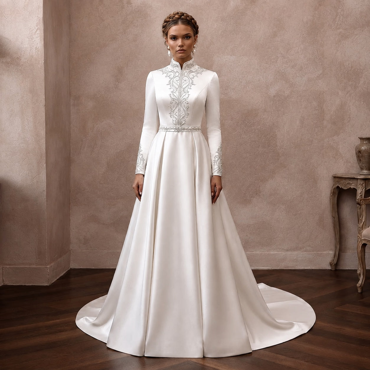 Modest Satin Wedding Gown with High Neck and Long Sleeves