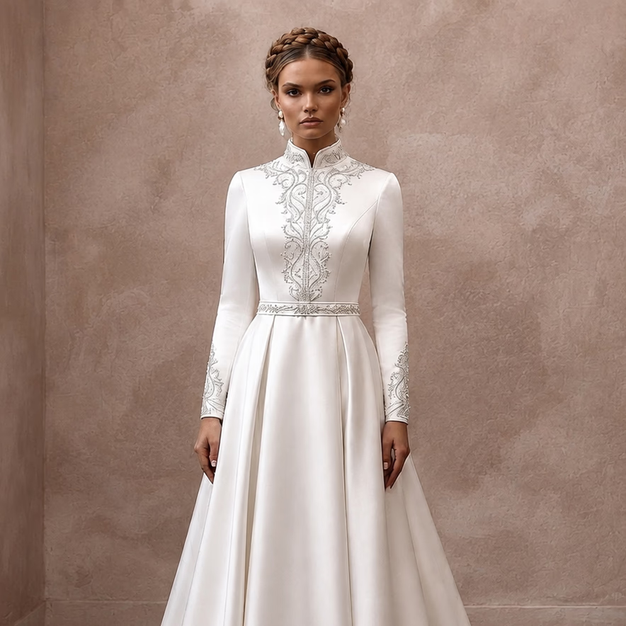Modest Satin Wedding Gown with High Neck and Long Sleeves
