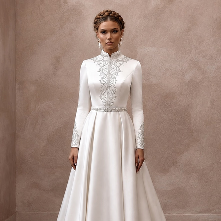 Modest Satin Wedding Gown with High Neck and Long Sleeves