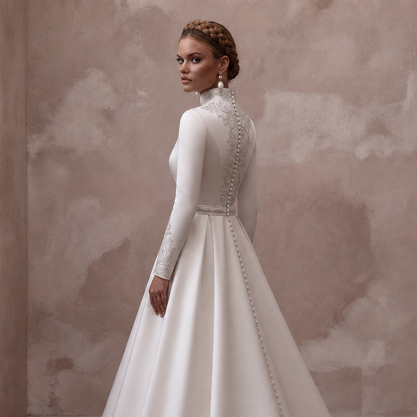 Modest Satin Wedding Gown with High Neck and Long Sleeves