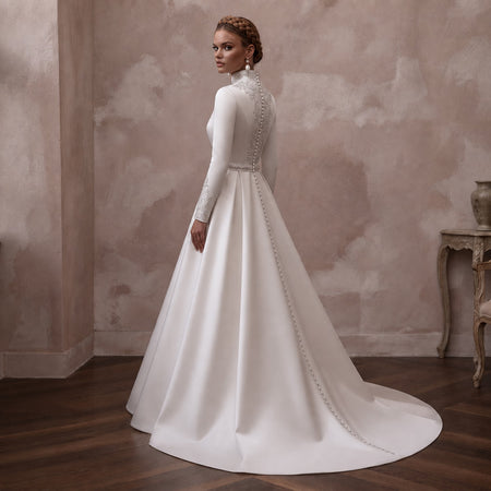 Modest Satin Wedding Gown with High Neck and Long Sleeves