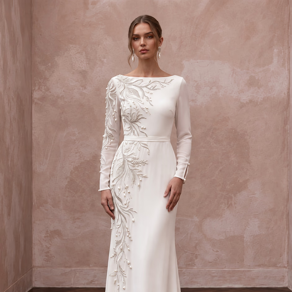 Modest Soft Ivory Georgette Bateau Neck Long Sleeve Sheath Dress